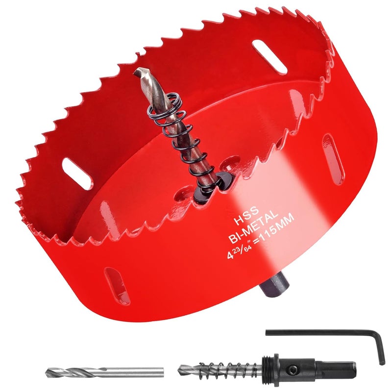Allwin 4-23/64 Inch / 115mm Hole Saw for Wood, Plastic Board, Ceiling,Drywall, and Metal Sheet - HSS Bi-Metal Hole Cutter with Pilot Drill Bit - Image 1